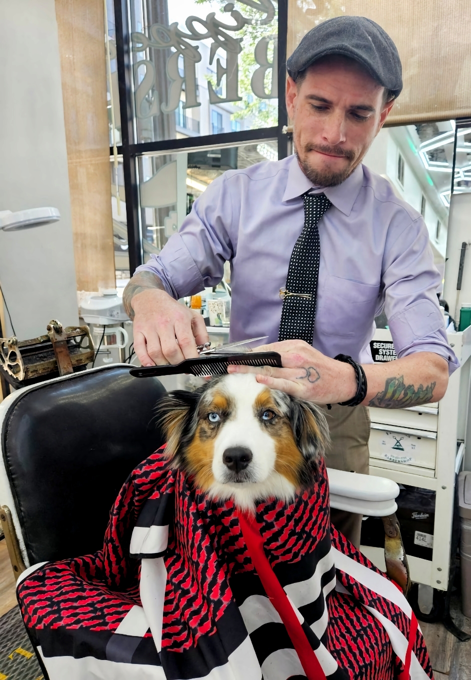 Johnny and Dusty getting haircut at Flippers Barbershop